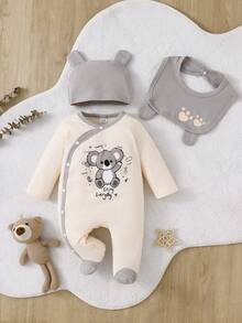 SHEIN Playful Pals 3件組新生兒嬰兒睡衣 灰色與米色中性色 可愛考拉圖案 長袖連腳睡衣 - 灰色 - 查看 1