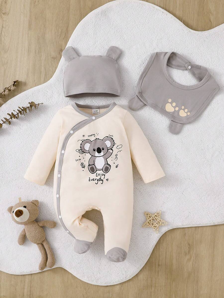 SHEIN Playful Pals 3件組新生兒嬰兒睡衣 灰色與米色中性色 可愛考拉圖案 長袖連腳睡衣 - 灰色 - 查看 1