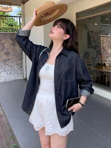 Dazy Plus 女款寬鬆時尚條紋大尺碼長袖白色襯衫，適合秋季 - 藏蓝色 - 查看 4