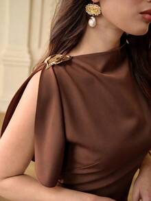 ZEYLAH Spring/Summer Asymmetric Hem Asymmetrical Shoulder Dress - Coffee - View 2