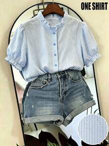 Resyla Women's Summer Casual Striped Petal Sleeve Blouse - Blue - View 5
