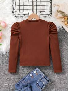 SHEIN Emery Rose Kids Camiseta de cuello redondo de manga gigot acanalada de unicolor para niñas preadolescentes - Óxido marrón - Ver 5
