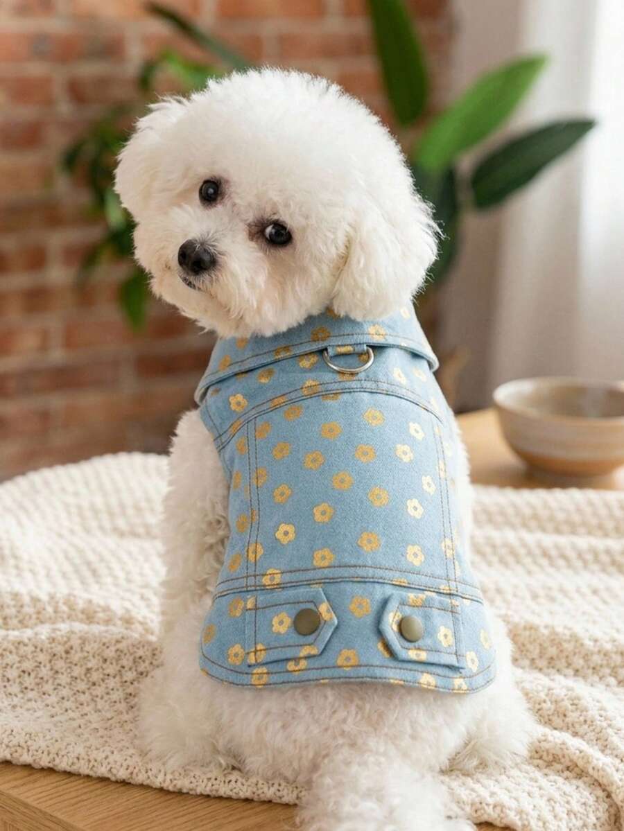 PETSIN 1件寵物衣,燙金小花貓狗通用藍色休閒夾克 - 藍色 - 查看 1