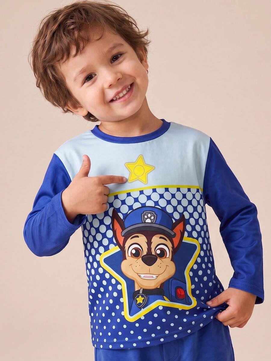 Maija Kids SHEIN | PAW Patrol Maija Kids 小男孩波點卡通印花休閒日常長袖T恤 - 藍白色 - 查看 1