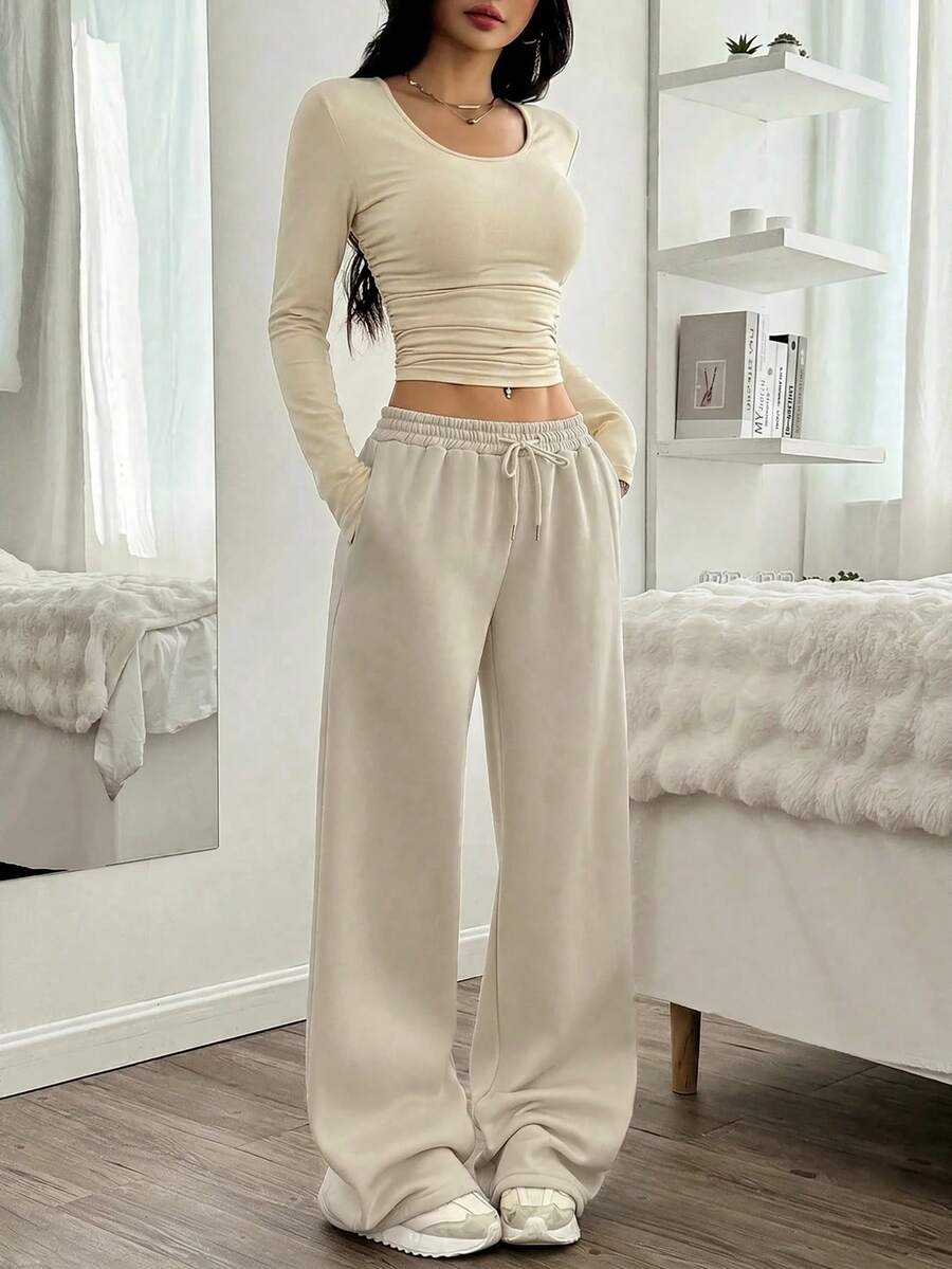 SHEIN EZwear 杏色女士休闲百褶短款上衣和阔腿抽绳腰裤套装 - 杏色 - 查看 1