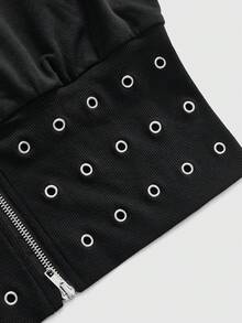 ROMWE Street Life Plus Size Women's Loose Short Zip-Up Sweatshirt With Metal Eyelet Decor, Streetwear Style - Black - View 3