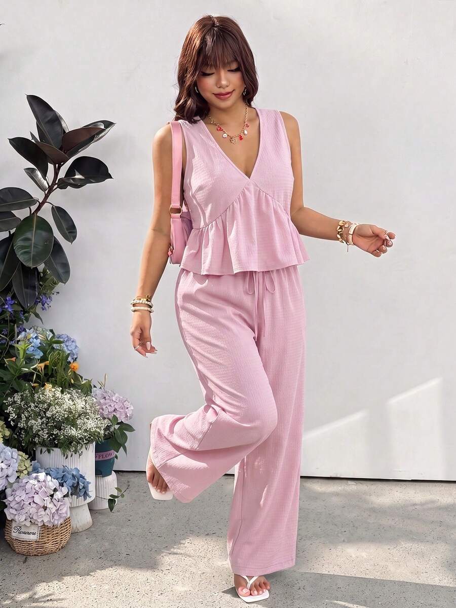 GalTyme Plus Size Women Solid Color Ruffle Hem Tank Top Wide Leg Pants Casual Elegant Safari 2 Pieces Set Brunch Vacation Formal Light Pink Summer - Baby Pink - View 1