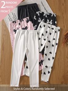 Souflis Souflis 5 piezas enviadas al azar 2 piezas leggings de punto acanalado suave y cómodo con corazón y lazo dulce y lindo versátil para niñas primavera verano todas las estaciones - Multicolor - Ver 2
