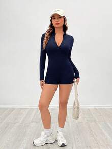 SHEIN PETITE 休閒黑色羅紋長袖前開襟拉鍊連身衣 - 藏蓝色 - 查看 5