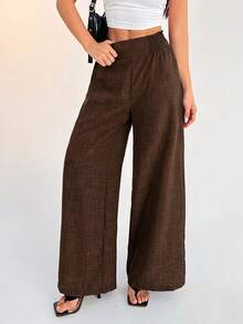 SHEIN PETITE Women's Casual Versatile Commute Wide Leg Pants - Mocha Brown - View 5