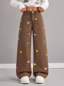 SHEIN Tween Gir LY2k 彩色愛心刺繡圖案棕色寬鬆寬腿牛仔褲，適合女童上學穿著 - 棕色 - 查看 6