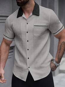 SLATEMANN Men's Casual Pocket Single-Breasted Short Sleeve Contrast Color Shirt - Grey - View 4