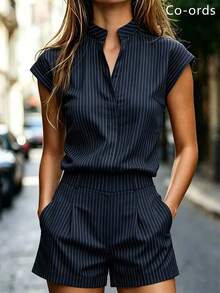 RosyDaze Women's Striped Notch V-Neck Shirt And Shorts Casual 2 Pieces Set - Navy Blue - View 1