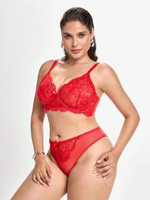 Slumbrini 2pcs Plus Size Lace Patchwork Lingerie Set Red - Red - View 6