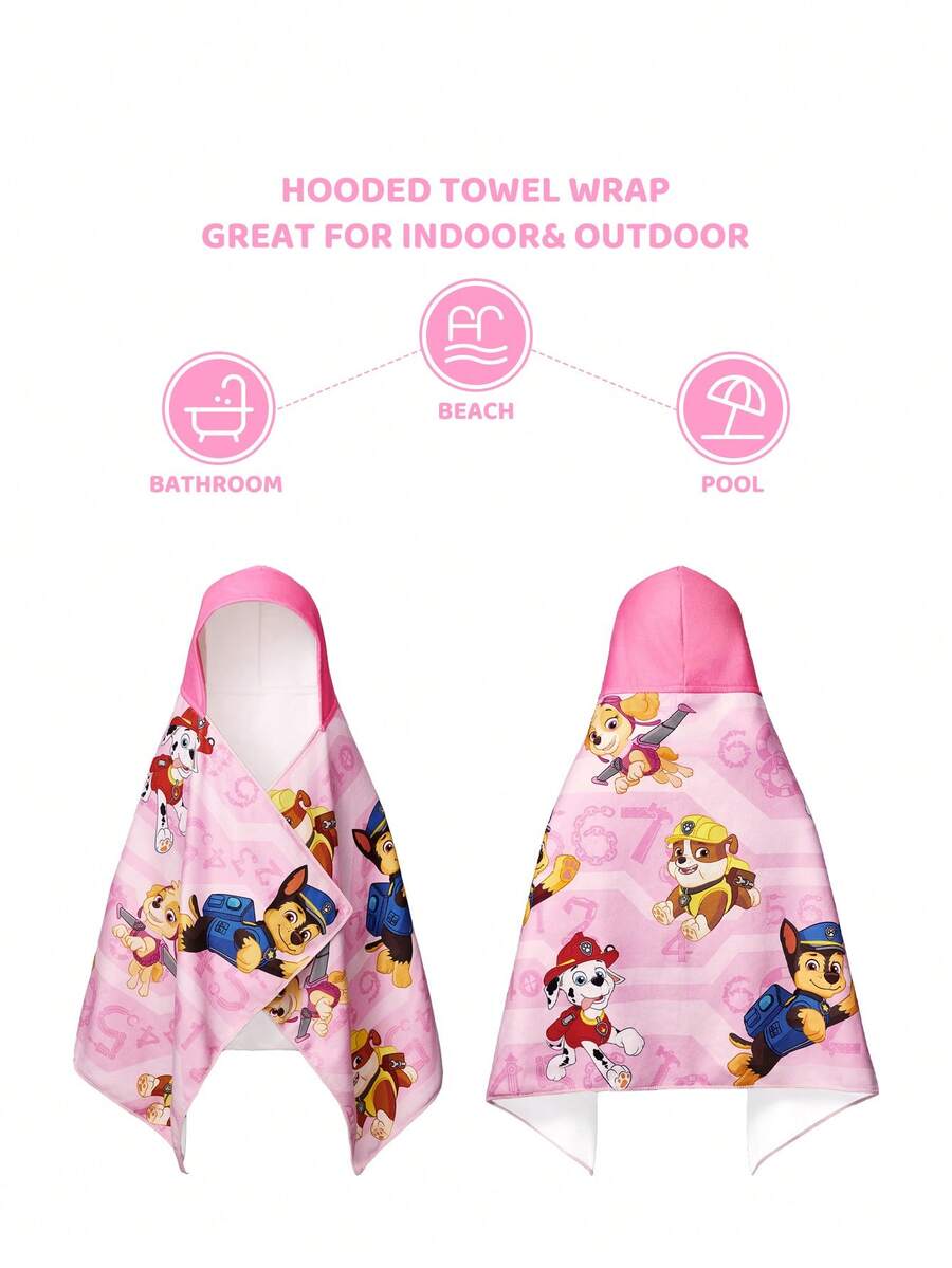 SHEIN | PAW Patrol 可愛卡通印花連帽浴巾,超細纖維材質 - 粉色 - 查看 1