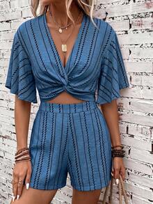 SHEIN Clasi Women's Summer Striped Print Vacation Short Sleeve Shorts Set - Blue - View 6