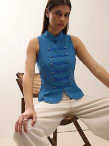 Nöista Sleeveless Top With Buttons And Front Opening - Dusty Blue - View 5