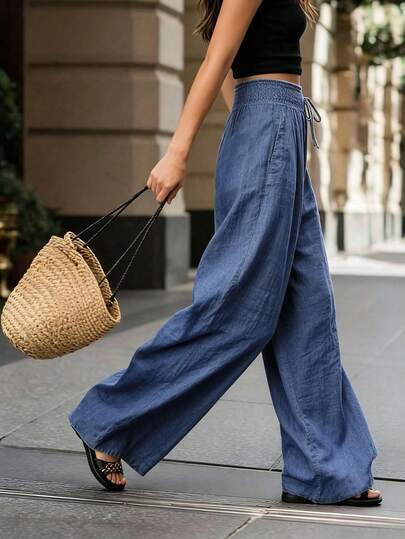 Breezaya French Style High Waist Loose Wide Leg Solid Color Women's Long Pants, Elegant Fashionable Summer, Suitable For Spring Summer Autumn Winter, Vacation
