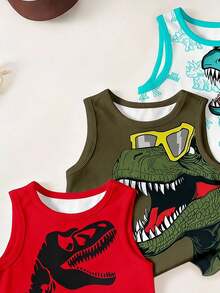 Young Boys Casual Simple Comfortable Tank Top 3pcs Set Suitable For Spring And Summer, Classic Handsome Jurassic Dinosaur Pattern Print, Dinosaur Fossil Pattern Print - Multicolor - View 3