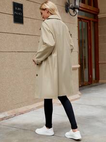SHEIN PariChic Khaki Mid-Length Trench Coat For Women, Autumn Loose Fit Raglan Sleeve Peter Collar Minimalist Commute Single-Breasted Overcoat/Daily/Casual Solid Color Trench Jacket - Khaki - View 2