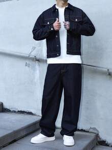 Manfinity EMRG 男士海軍藍牛仔兩件套，休閒夾克與寬鬆闊腿長褲，春秋街頭風，男友與丈夫穿著的工裝夾克城市度假兩件套 - 深色水洗藍 - 查看 6