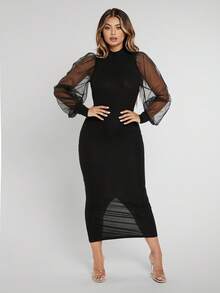 SHEIN SXY Prom Dress;Mock Neck Contrast Mesh Lantern Sleeve Split Hem Dress - Black - View 3