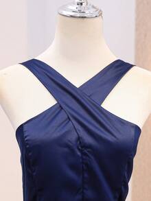 Teen Elegant Luxurious Summer Navy Blue Satin Halter Neck Fitted Dress, Suitable For Evening Party, Banquet, Christmas, Wedding, Flower Girl, Prom, Vacation, Graduation Season, Back To School And Other Occasions - Navy Blue - View 8