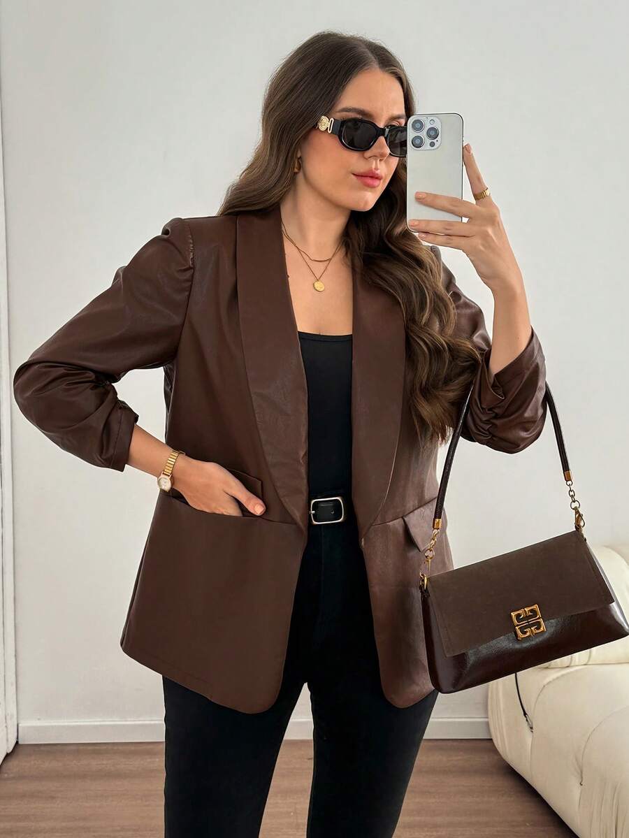 Easowa Curve Plus Size Elegant Commuter Solid Color Shawl Collar Blazer - Brown - View 1