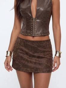 Avantive Women's Sexy Fashion Studded Mini Skirt For Dating Clubbing Night And Vacation Dark Brown Autumn - Brown - View 4