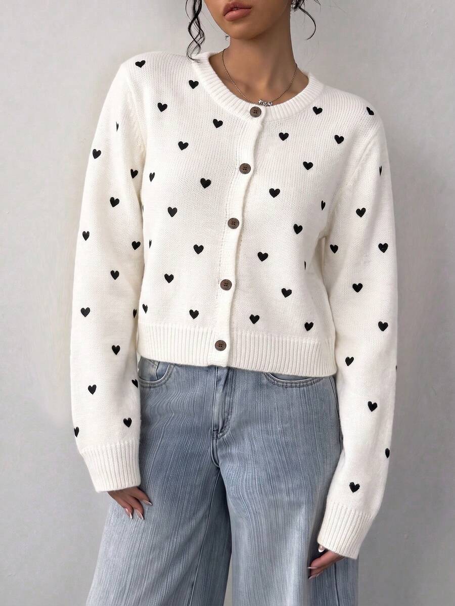 SHEIN BASICS 女款開襟衫，四季百搭，優雅休閒時尚，小愛心圖案 - 彩色 - 查看 1