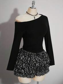 SHEIN ICON Plus-Size Y2K-Style Long-Sleeve Knit Top Featuring An Open-Shoulder Design And A Distressed, Open-Back Detail; Perfect For Music Festivals, Raves, And - Black - View 4