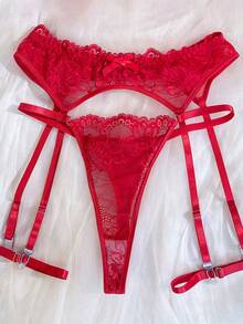Seduluxe Women's Sexy Lace Lingerie Set 4pcs - Red - View 4