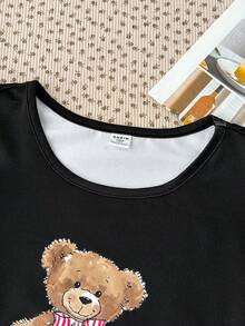 SHEIN 青少年女孩可愛熊圖案印花棉質上衣與長褲睡衣家居服套裝，黑色秋季穿搭，秋季服飾，舒適，聖誕睡衣 - 黑色 - 查看 4