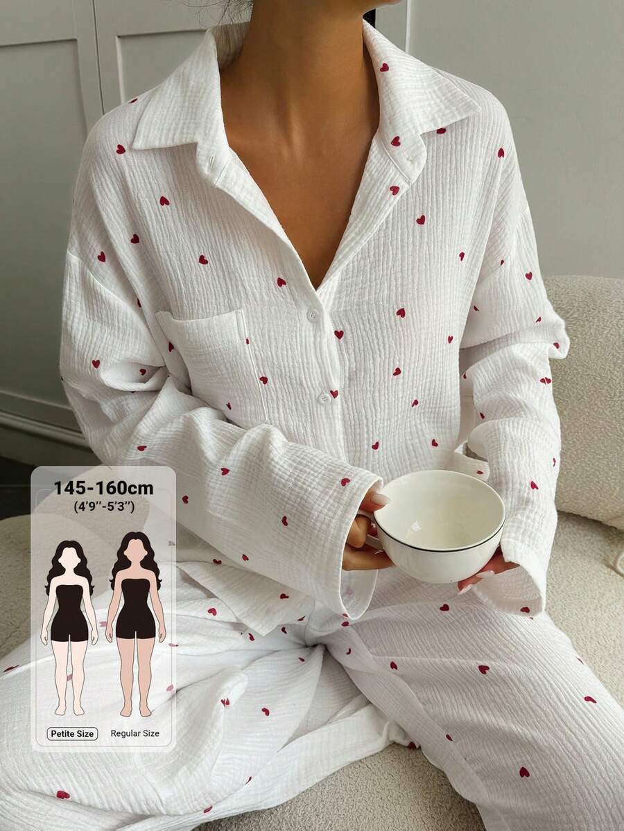 Livesso Petite Women's Heart Pattern Long Sleeve Single-Breasted Top And Pants Casual 2 Pieces Set Fall - White - View 1