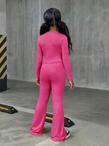 SHEIN Tween Girls Casual Street Style Solid Color Crew Neck Long Sleeve Knit Set - Hot Pink - View 2