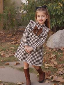 Emery Rose Kids Emery Rose Kids 兒童少女可愛度假休閒杏色格紋蝴蝶結長袖寬鬆連身裙 秋季花卉洋裝 校服 開學穿搭 - 卡其色 - 查看 5