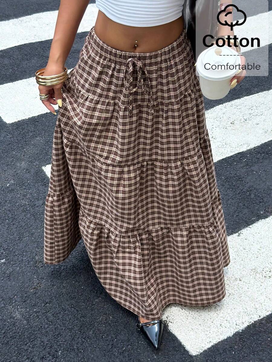Muchica Falda larga plisada a cuadros marrón para mujer - Adecuada para uso casual diario, atuendos de vacaciones, estilo Y2K, looks de vuelta a la escuela y atuendos para conciertos. - Multicolor - Ver 1