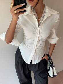 Siren Gaze White V-Neck Blouse For Women, Ruched Waist Long Sleeve Shirt, Solid Color Pleated Button Up Collared Blouse Winter Casual Fall With Lace Trim Work - White - View 4