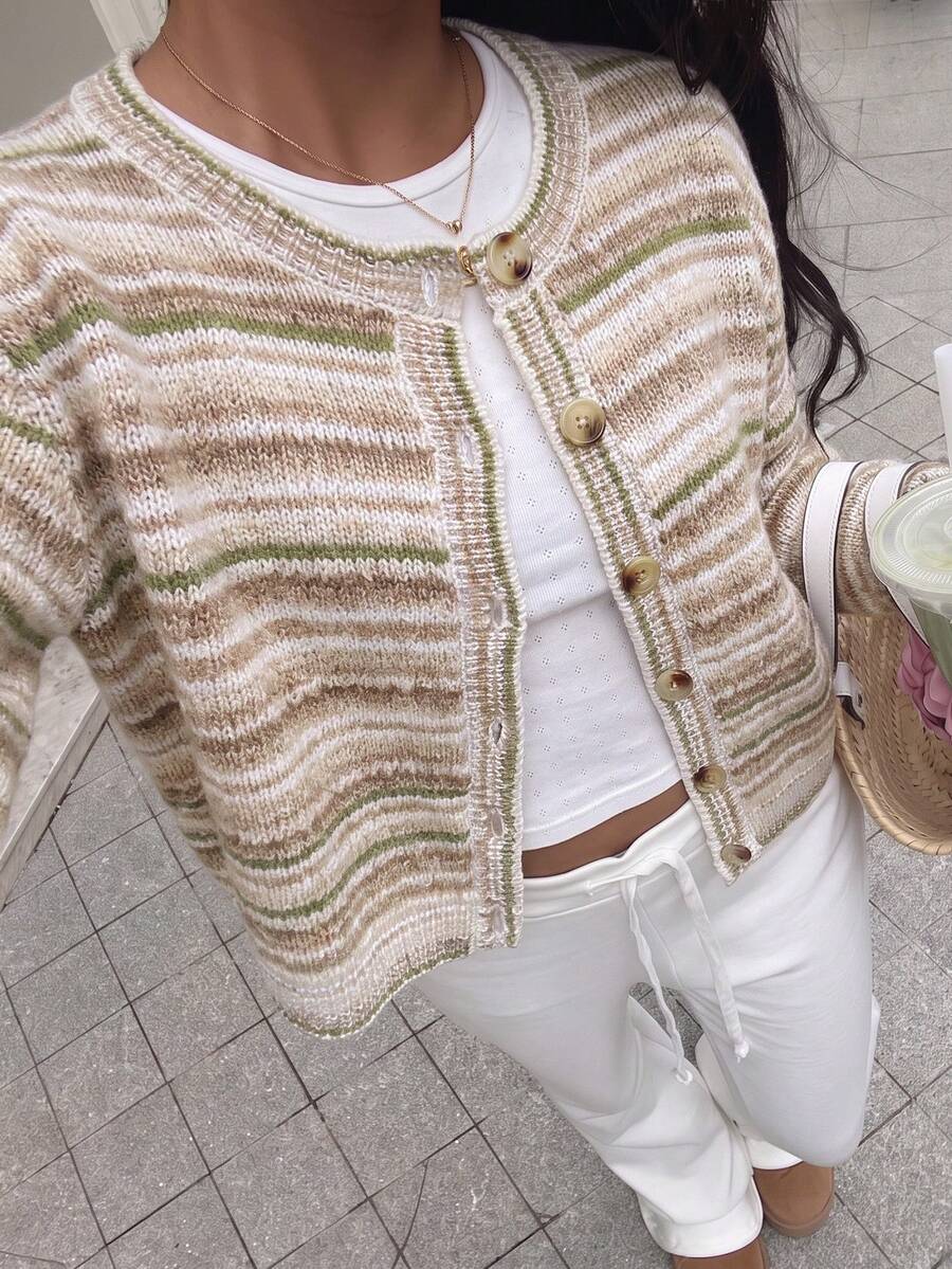 Autumina 時尚寬鬆綠色條紋女款開襟衫 早午餐秋季法式休閒 - 彩色 - 查看 1
