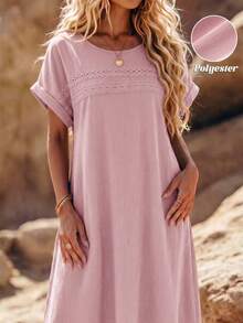 Linhara Plus Size Women Solid Color Lace Hollow Out Sleeveless Dress - Pink - View 1