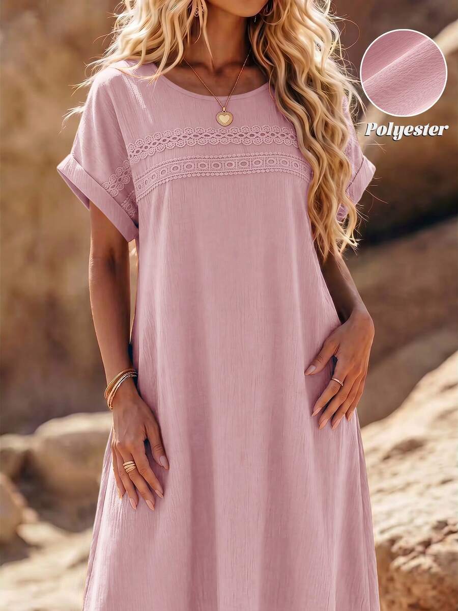Linhara Plus Size Women Solid Color Lace Hollow Out Sleeveless Dress - Pink - View 1