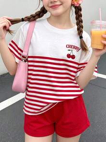 女童條紋拼接字母櫻桃印花短袖T恤與短褲休閒日常套裝 - 彩色 - 查看 3