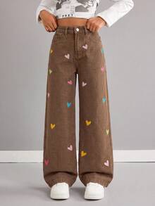 SHEIN Tween Gir LY2k 彩色愛心刺繡圖案棕色寬鬆寬腿牛仔褲，適合女童上學穿著 - 棕色 - 查看 5