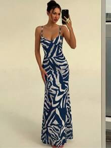 Aloruh Spring/Summer Vacation Spaghetti Strap Tie-Up Fitted Sexy Printed Women's Dress - Navy Blue - View 10