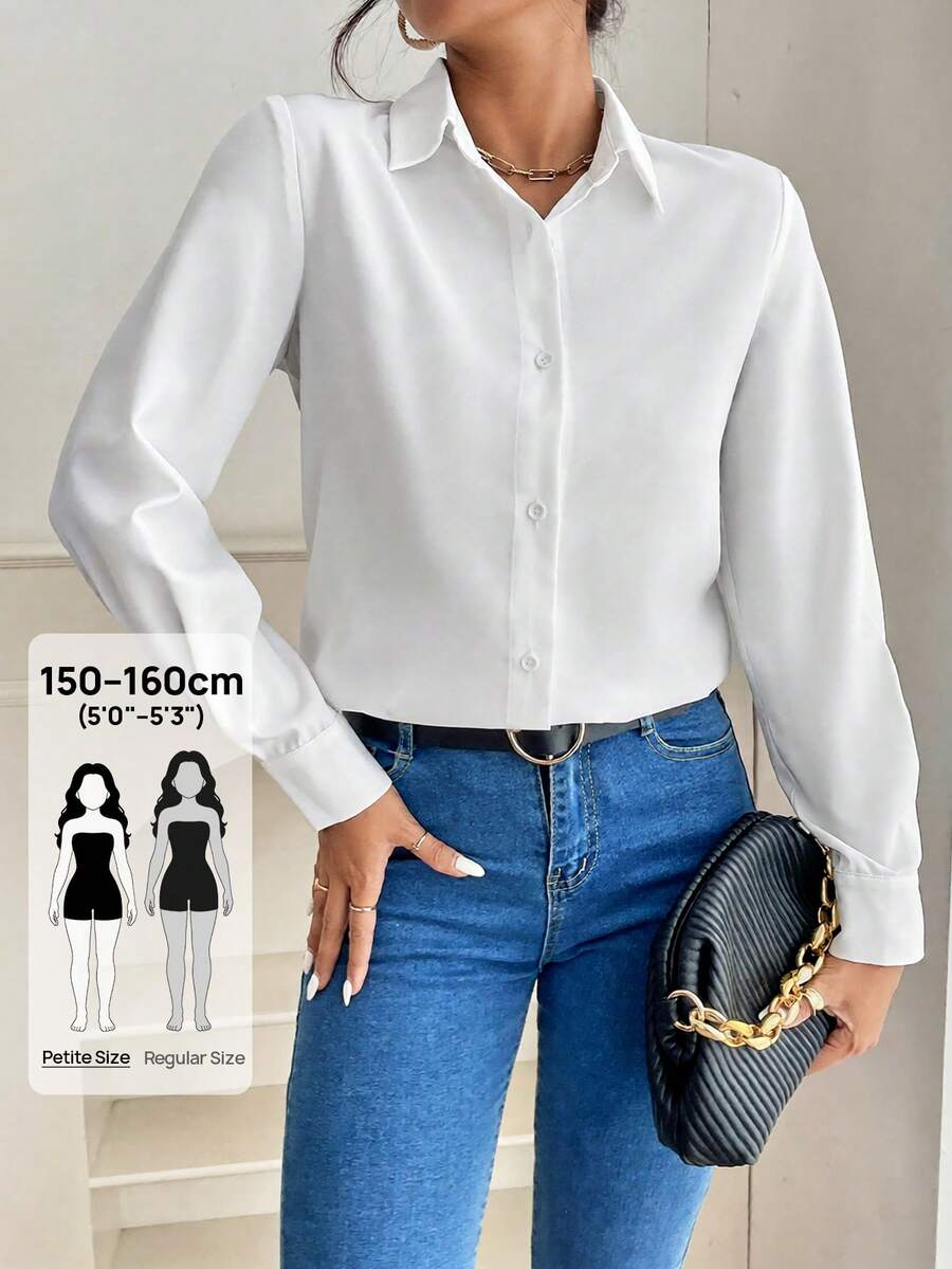 SHEIN PETITE 純色鈕扣前襟白色襯衫,長袖上衣,適合嬌小女性 - 白色 - 查看 1