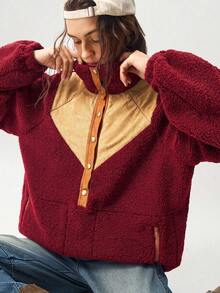 Bohemela Sweatshirt Wanita Kasual Warna Polos dengan Potongan Longgar - Merah - View 3