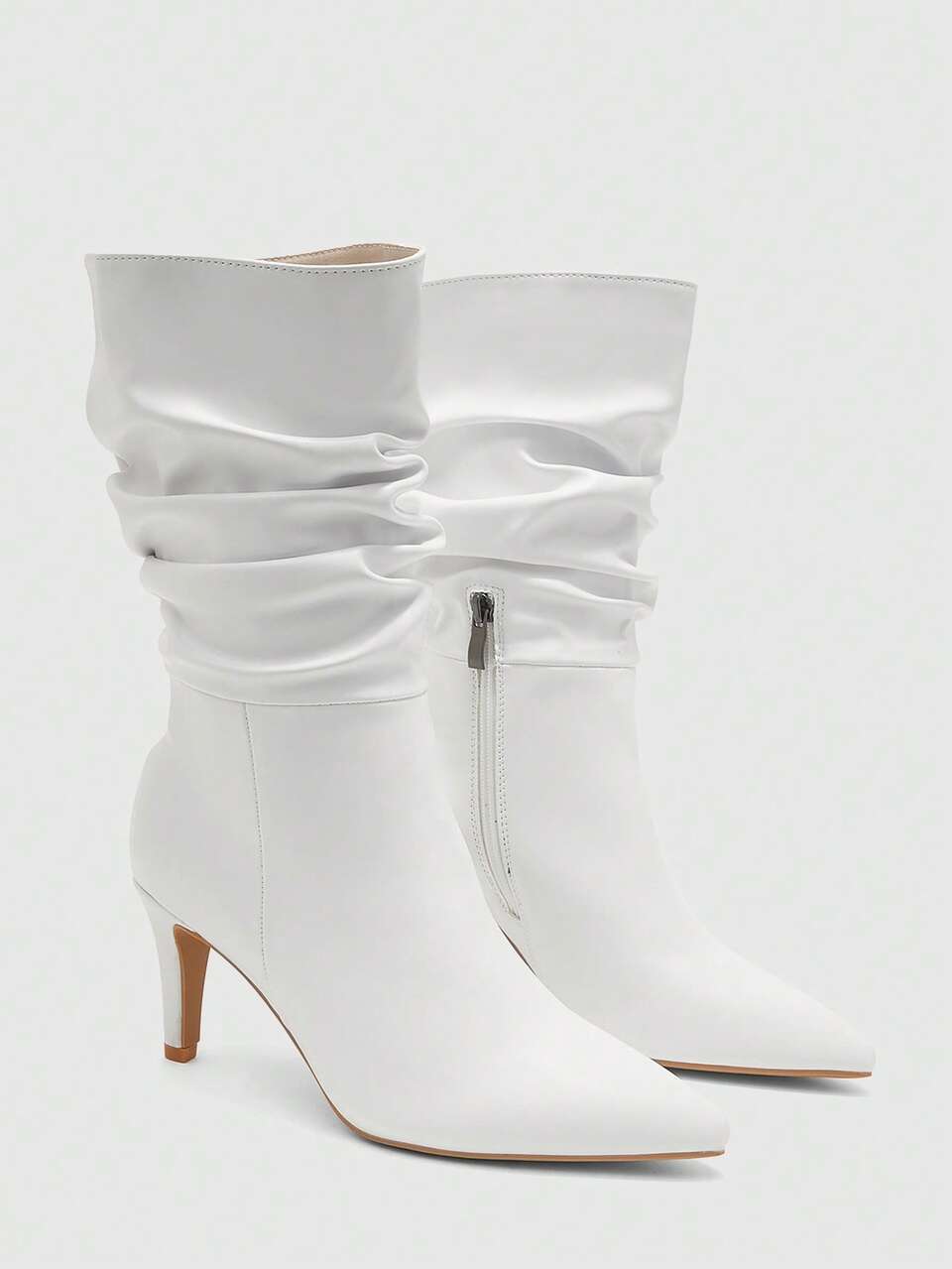 CUCCOO BIZCHIC Women's Pointed High-Heeled Side Zipper White Pleated Women's Medium Boots Daily Commuting Simple Versatile Autumn And Winter Ankle Boots Women's Boot