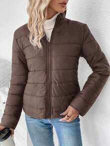 EMERY ROSE Women Solid Color Long Sleeve Zipper Stand Collar Casual Winter Jacket Fall Cloth For Women - Coffee Brown - View 5