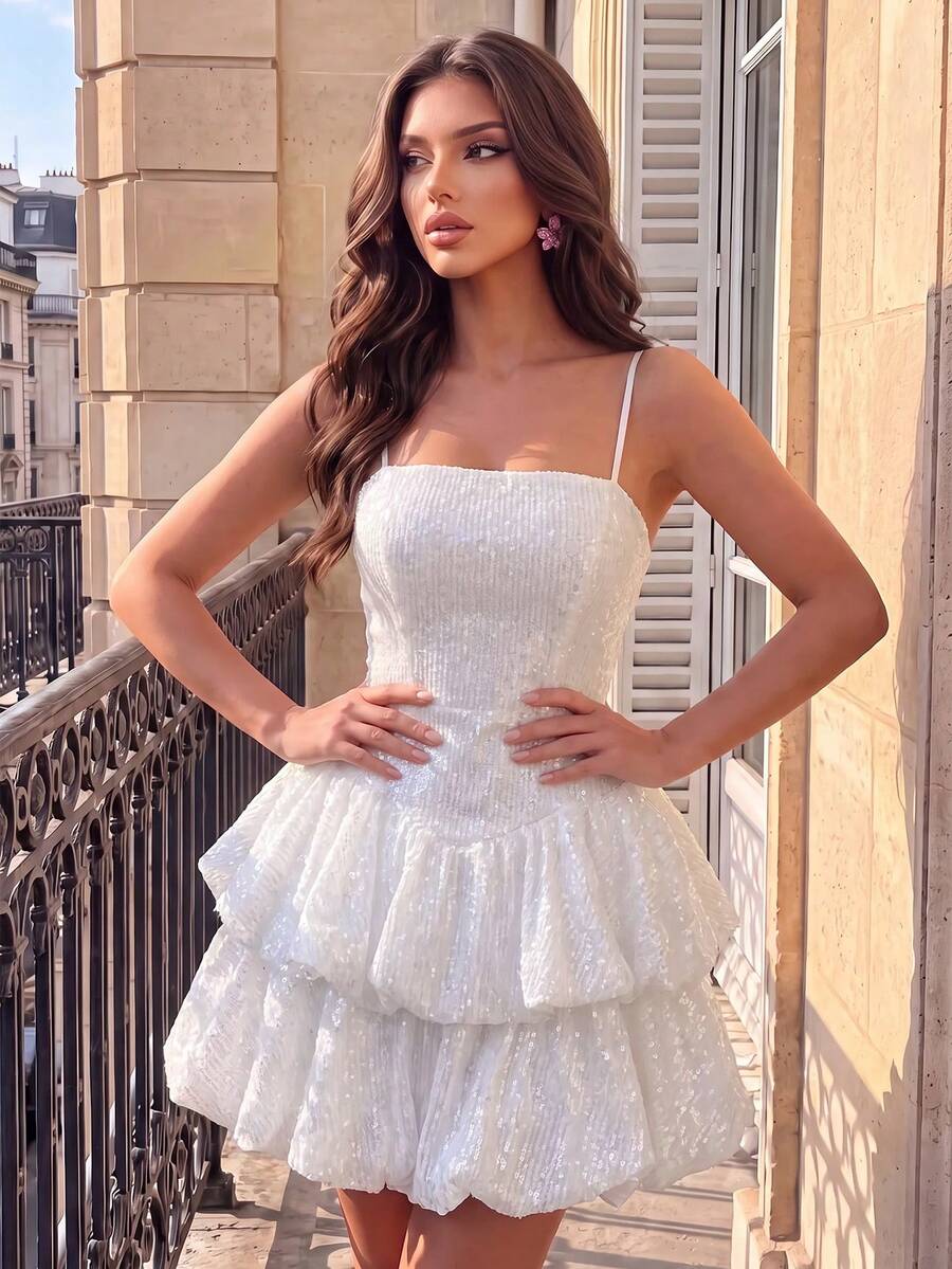 Poshira White Sequin Mesh Ruffle Strap Evening Dress - White - View 1