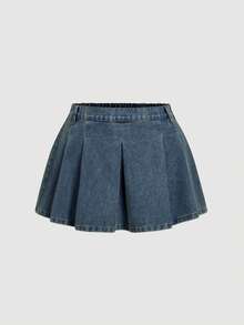 SHEIN MOD Plus Size Denim Mini Skirt Low Waist A-Line Pleated Blue Fall Outfit For Women - Dark Wash - View 1